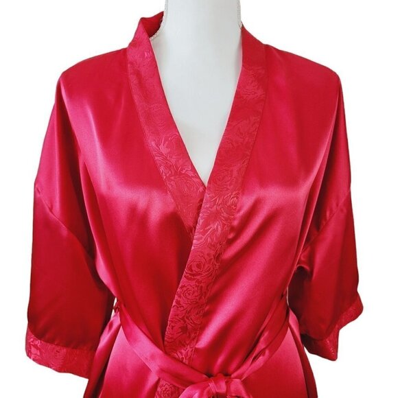Sopre Lingerie Satin Robe Red Shiny Satin Floral Tonal Trim Sz Small Tie Waist - Picture 3 of 7